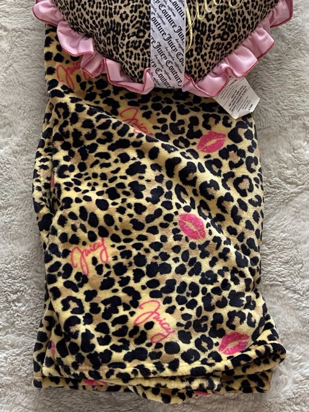 Set Juicy Couture‎ Leopard Cheetah Plush Throw Blanket 60”X70” & Pillow 18”X18”